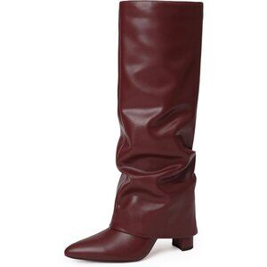 Women Burgundy Slouchy Faux Leather Fold Over Knee High Chunky High Heels Boot